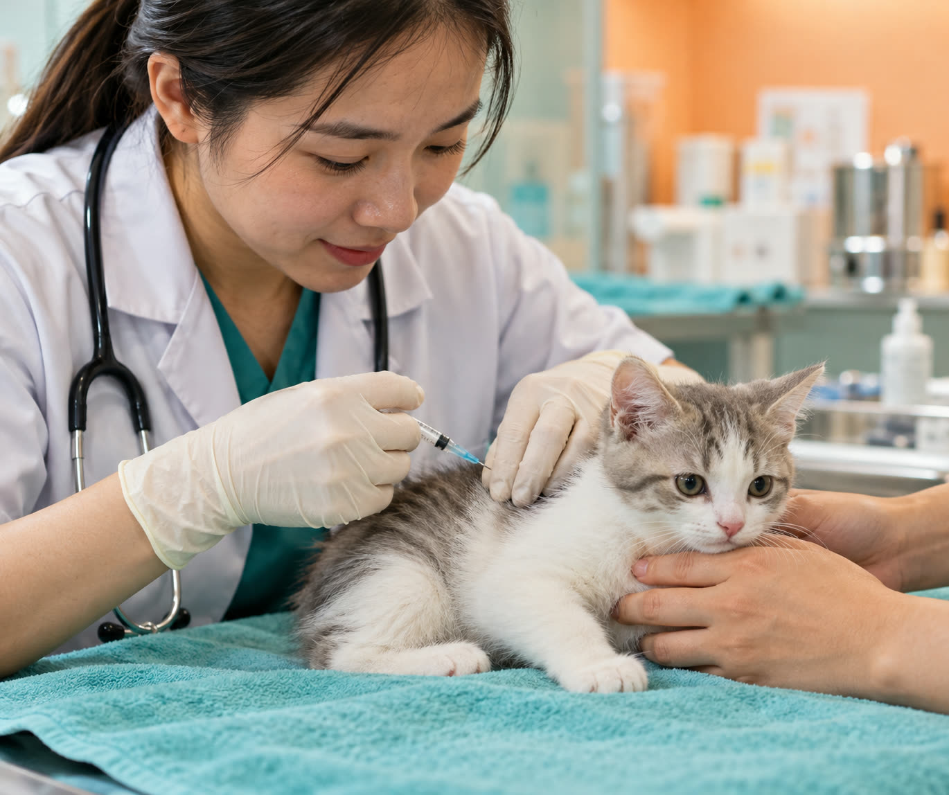 Bác sĩ tiêm ngừa cho mèo con, chủ mèo giữ nhẹ