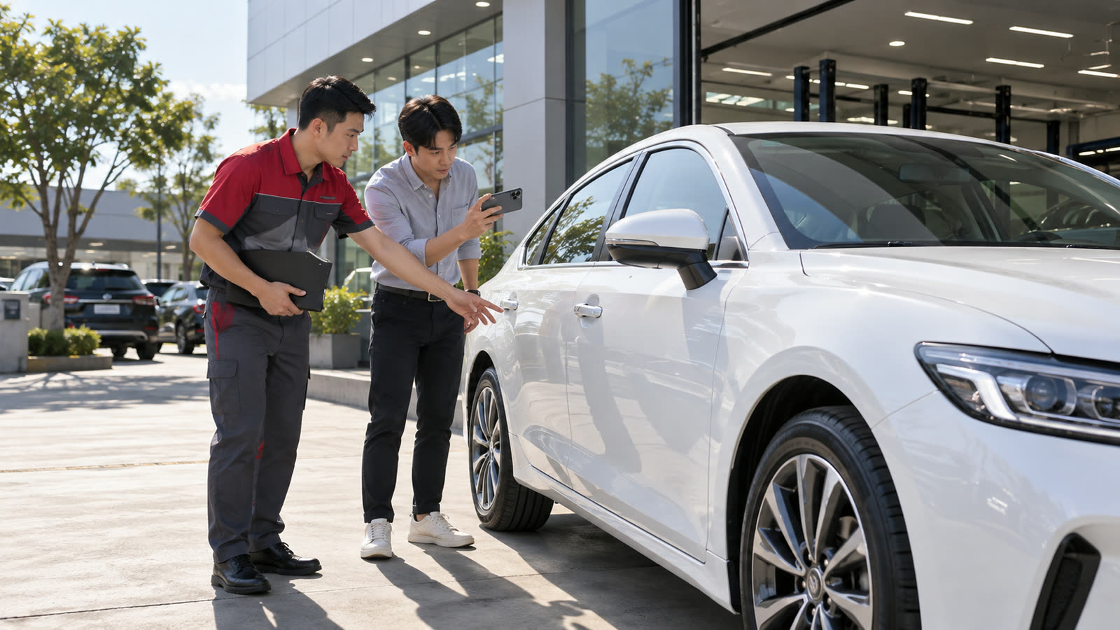 Nhân viên và khách cùng kiểm tra xe trước khi giao