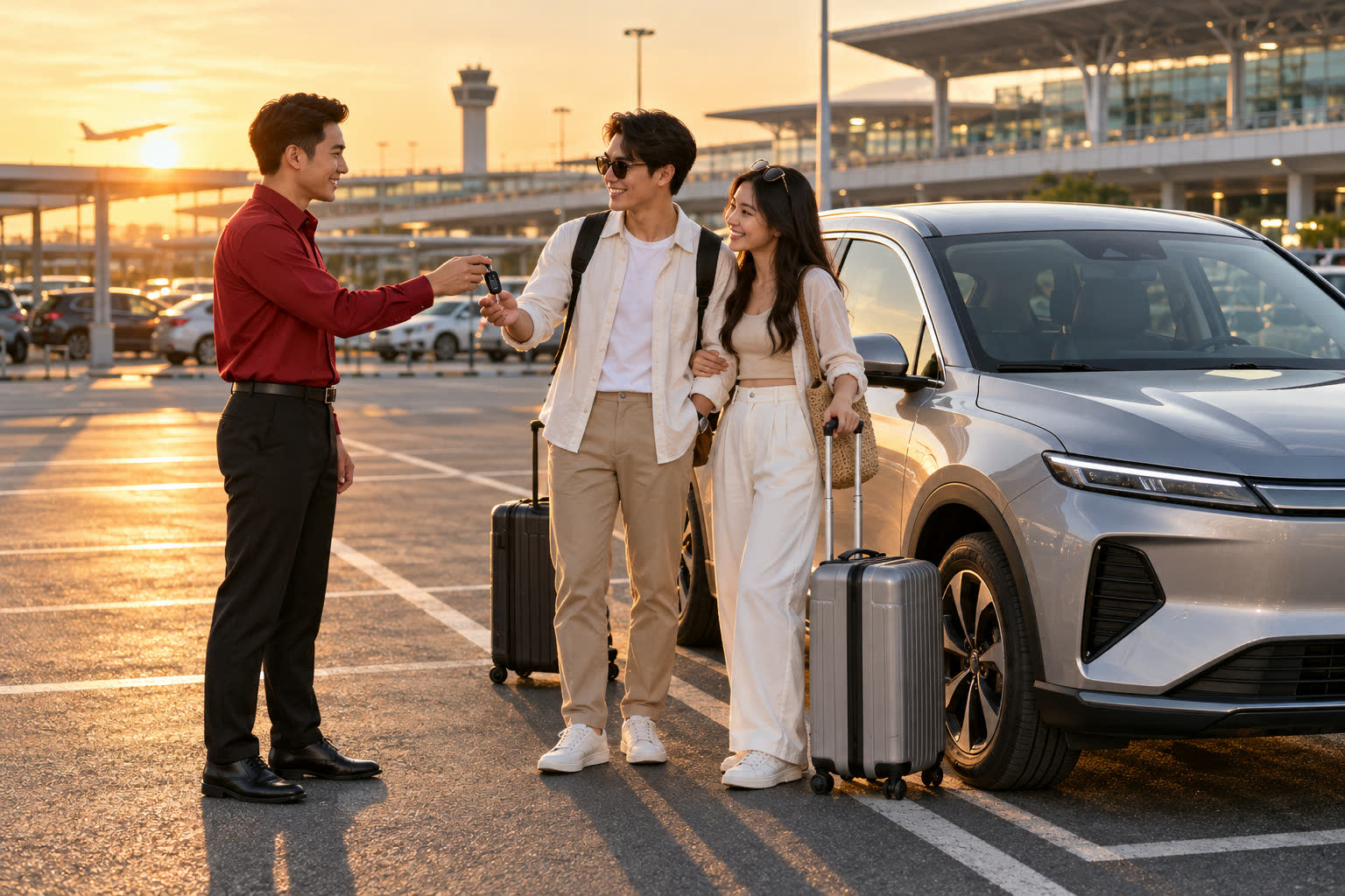 Nhân viên bàn giao chìa khóa xe cho khách tại sân bay