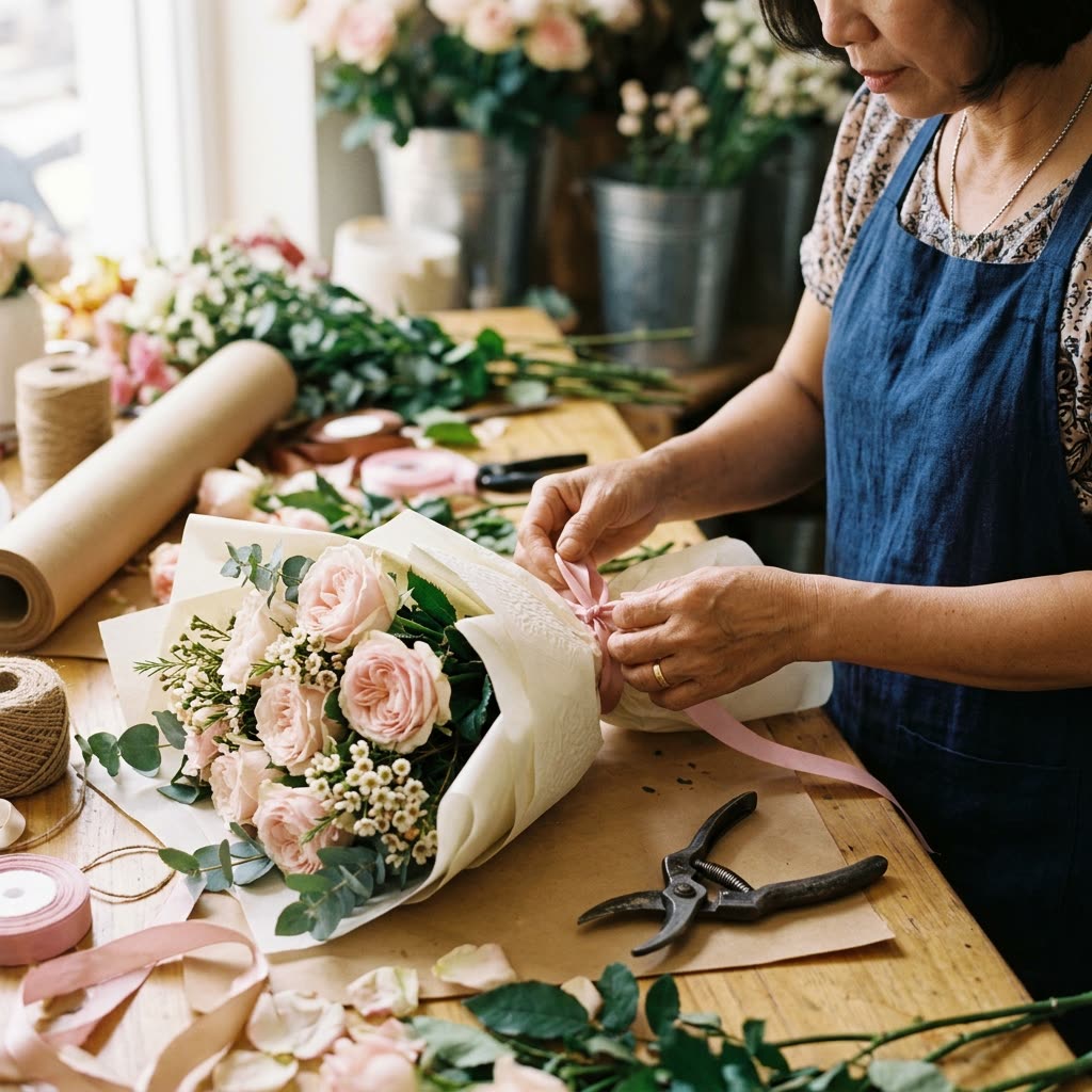 Đôi tay thợ đang buộc dây cho bó hoa