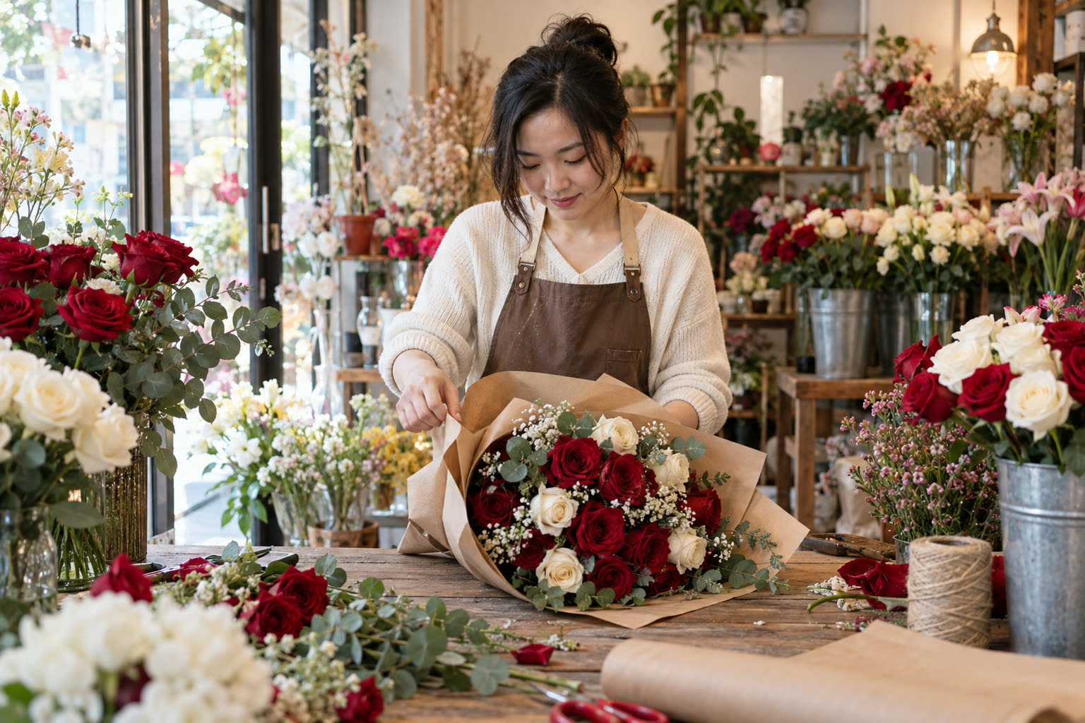 Chủ tiệm đang gói một bó hoa hồng trên bàn gỗ