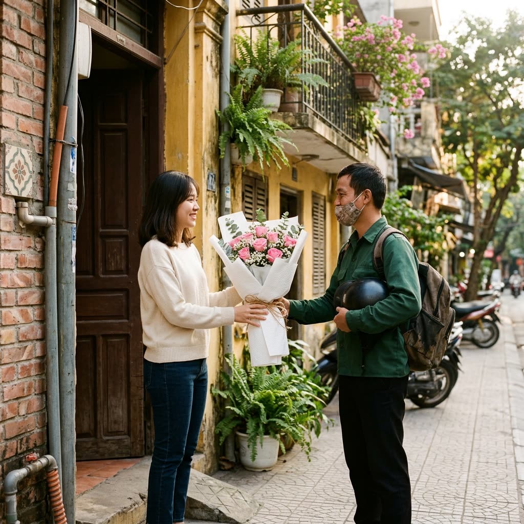 Người giao hàng trao bó hoa cho khách ở cửa nhà