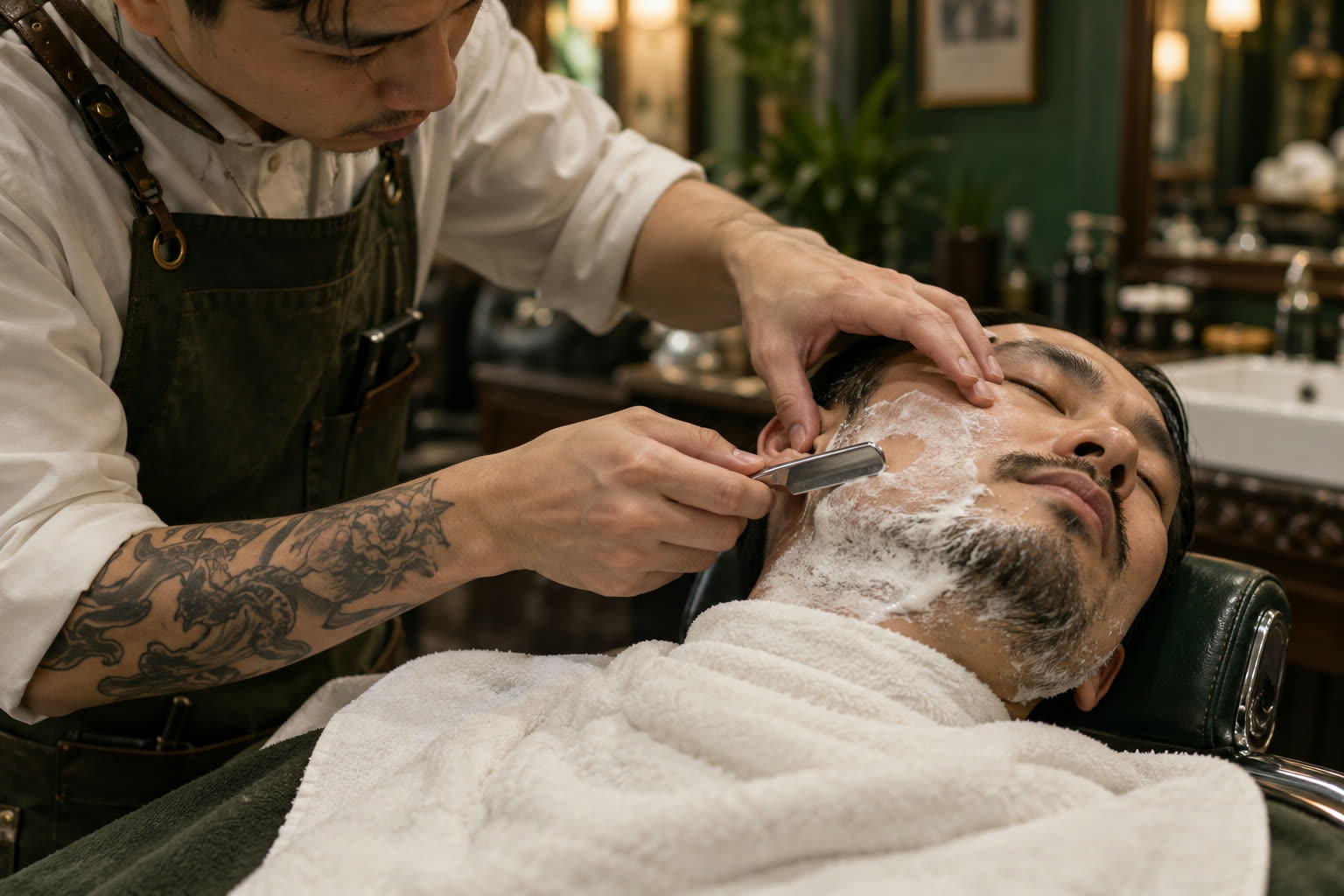 Thợ cạo râu cho khách bằng dao cạo
