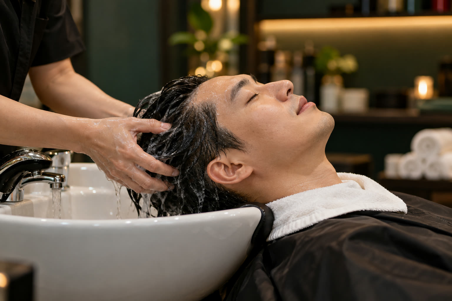 Khách nằm gội đầu ở bồn gội của tiệm