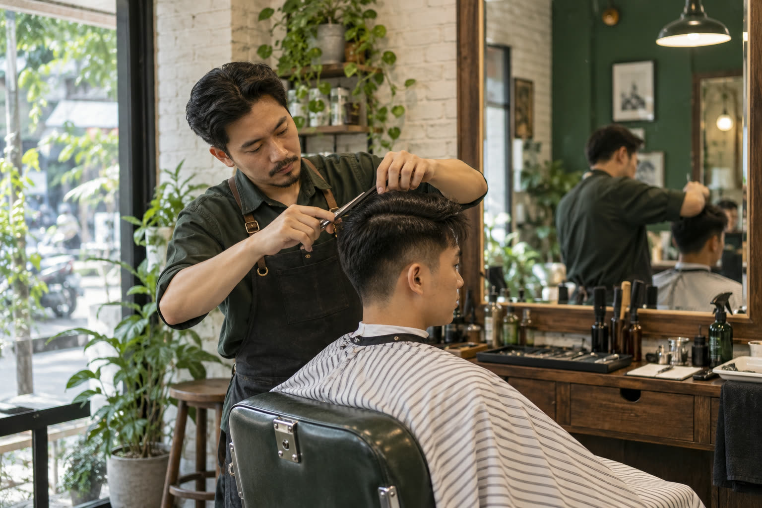 Thợ đang cắt tóc cho khách nam trong tiệm