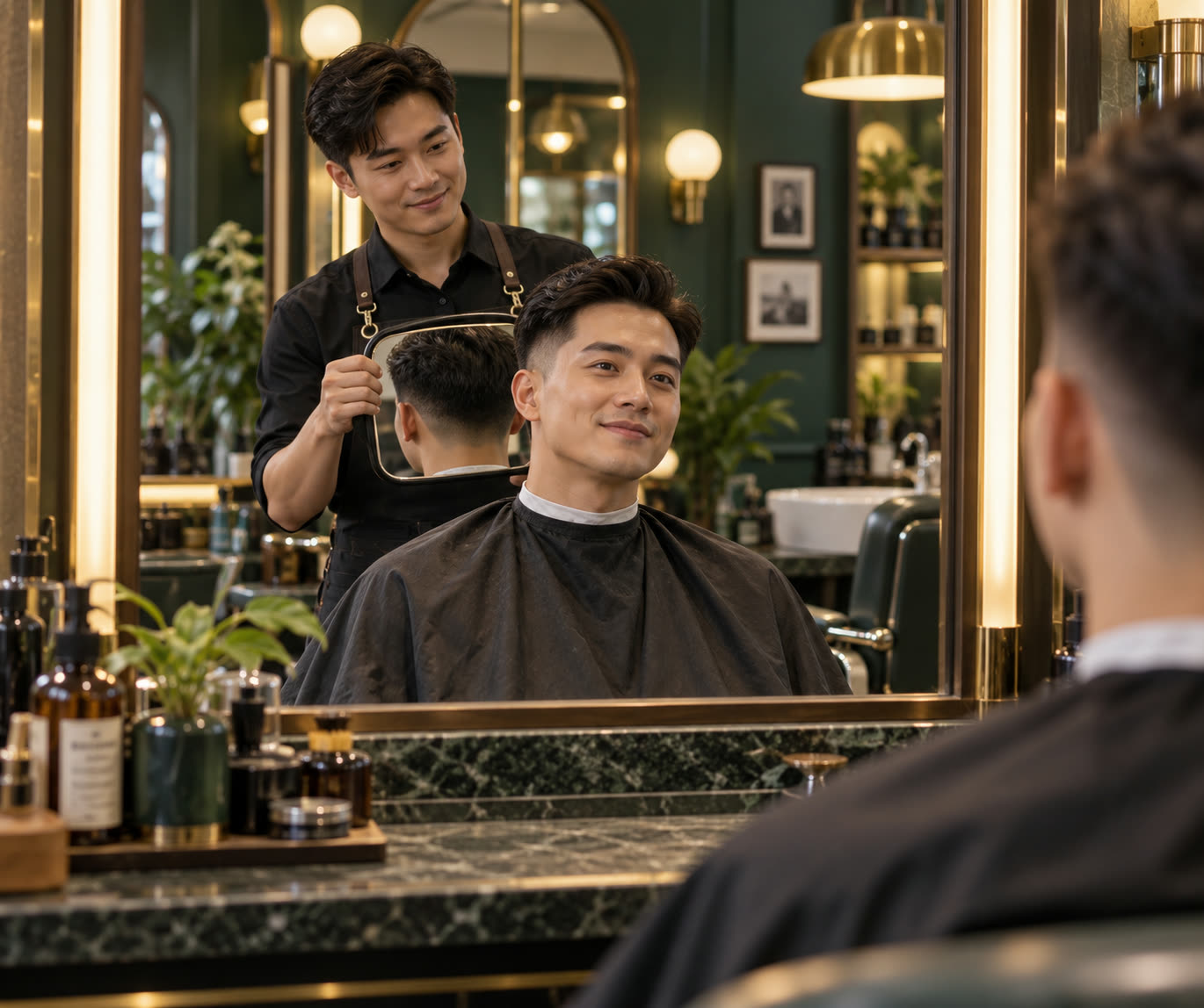 Khách nam mỉm cười nhìn kiểu tóc mới trong gương