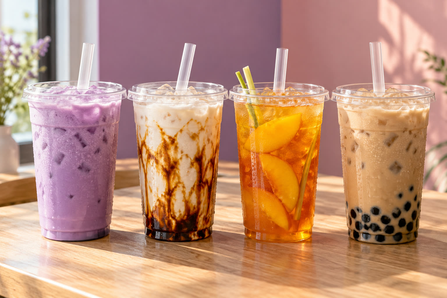 Bốn ly trà sữa và trà trái cây xếp cạnh nhau