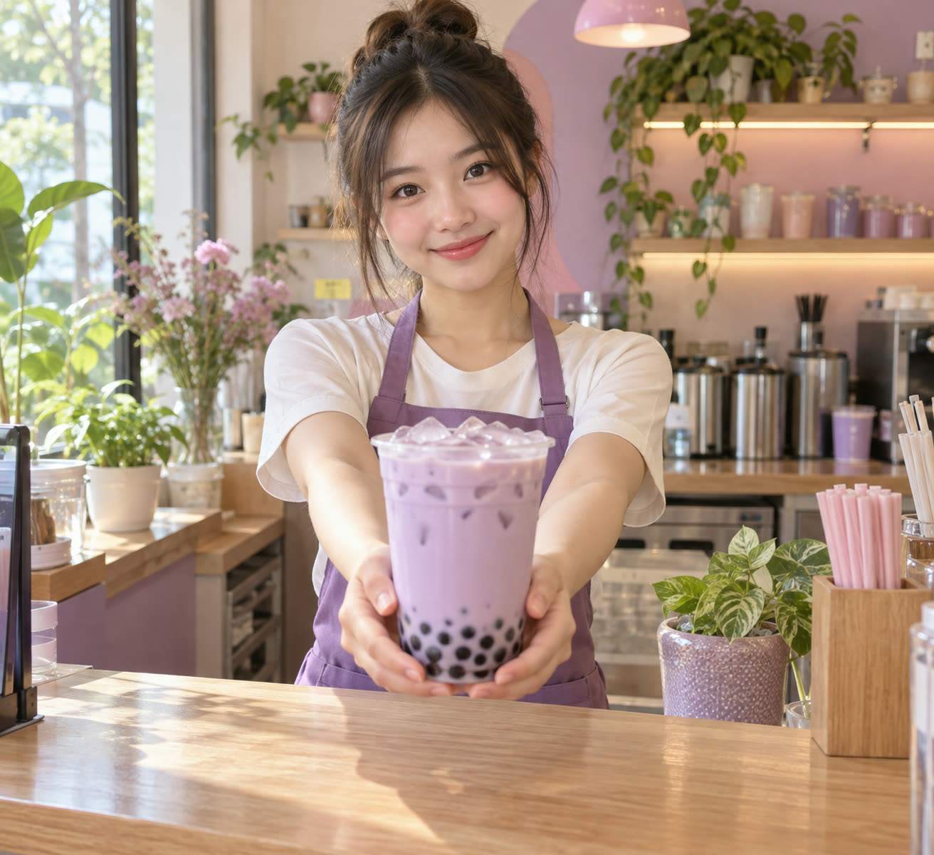 Ly trà sữa khoai môn có trân châu đặt trên quầy quán