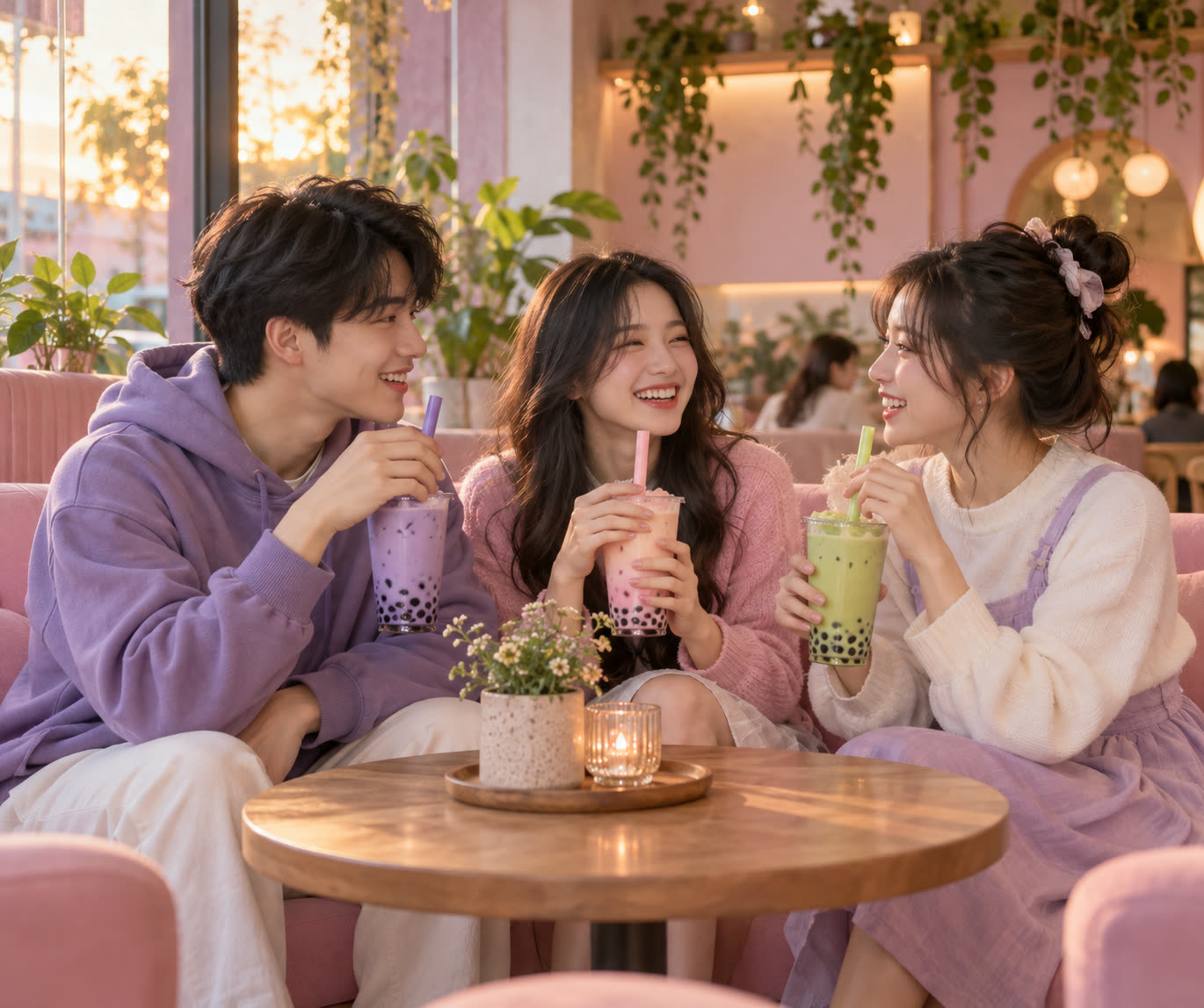 Nhóm bạn trẻ cầm ly trà sữa ngồi trò chuyện trong quán