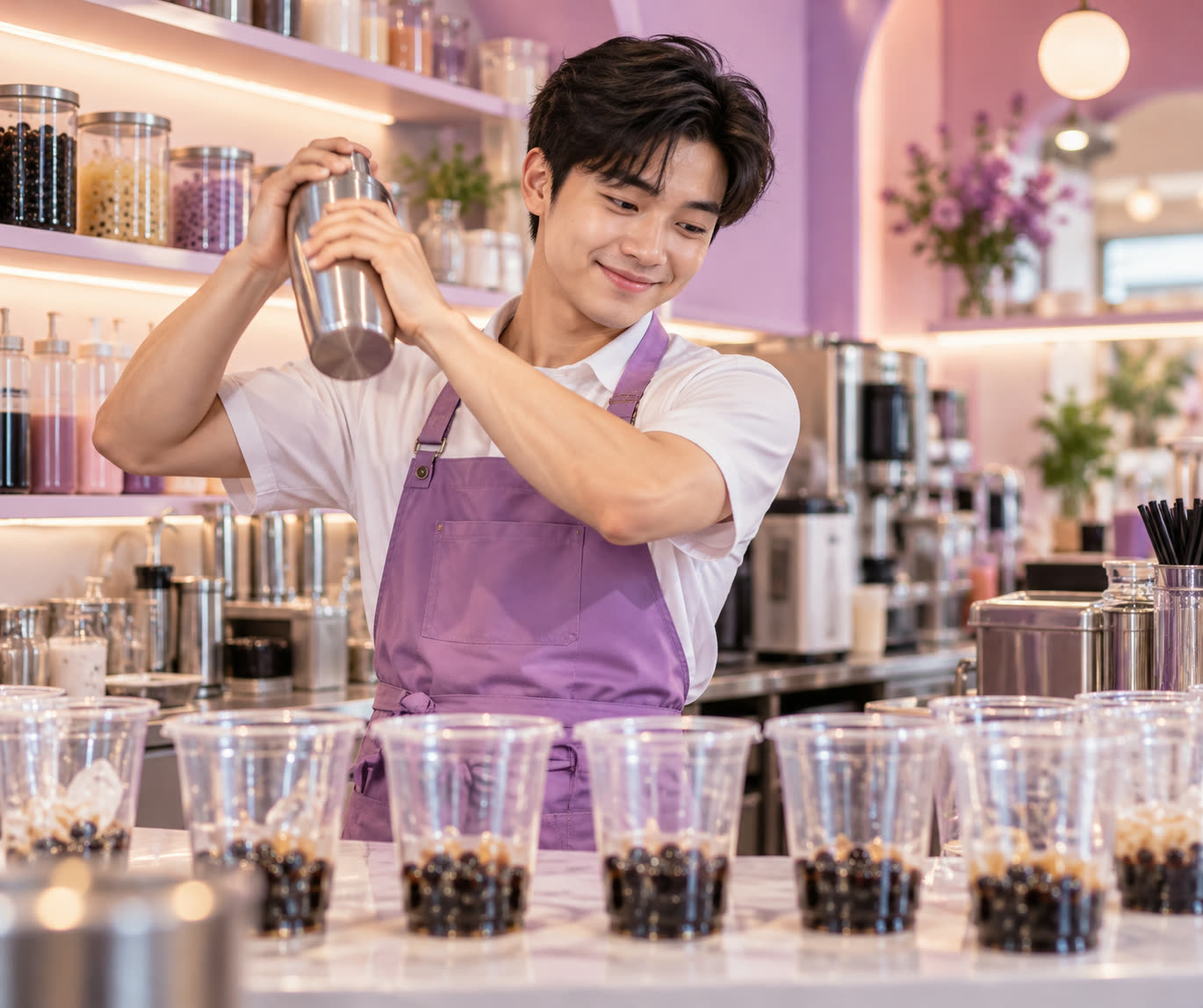 Nhân viên lắc bình pha trà sữa ở quầy