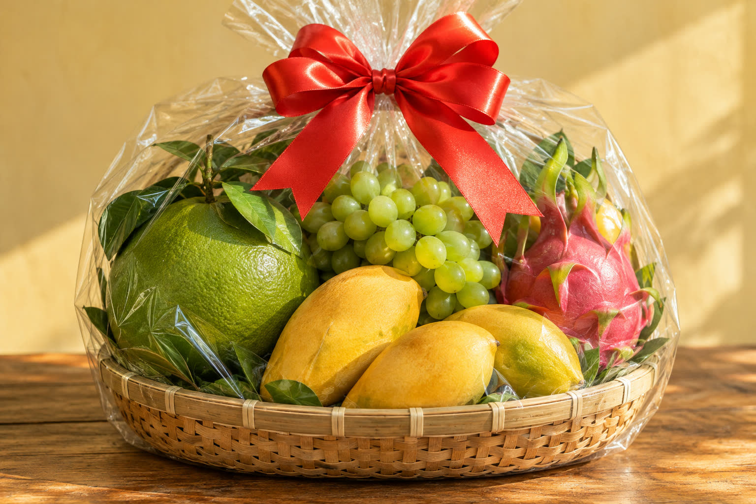 Giỏ tre đựng bưởi, xoài và nho bọc màng trong