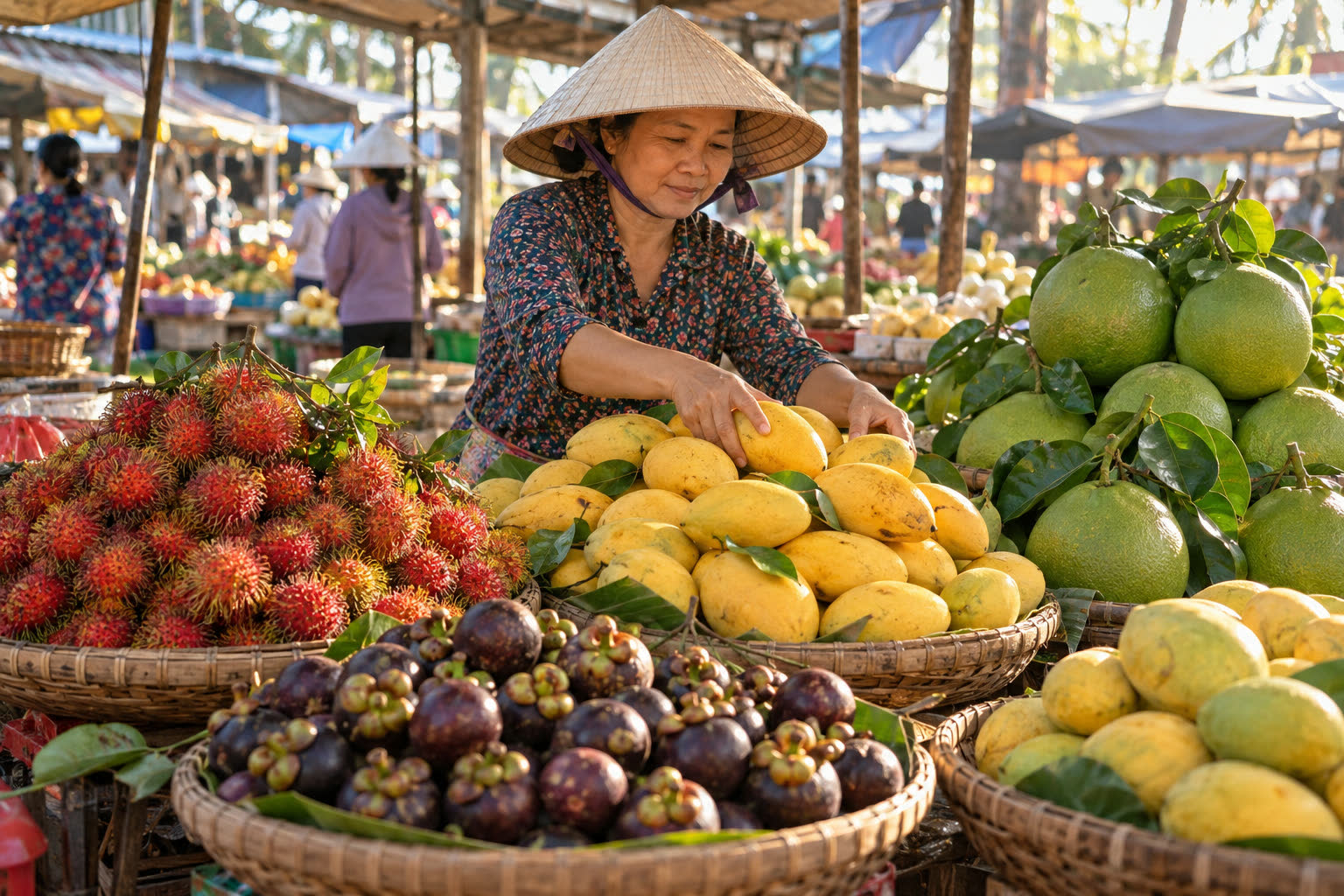 Sạp trái cây đầy xoài, bưởi, chôm chôm và măng cụt
