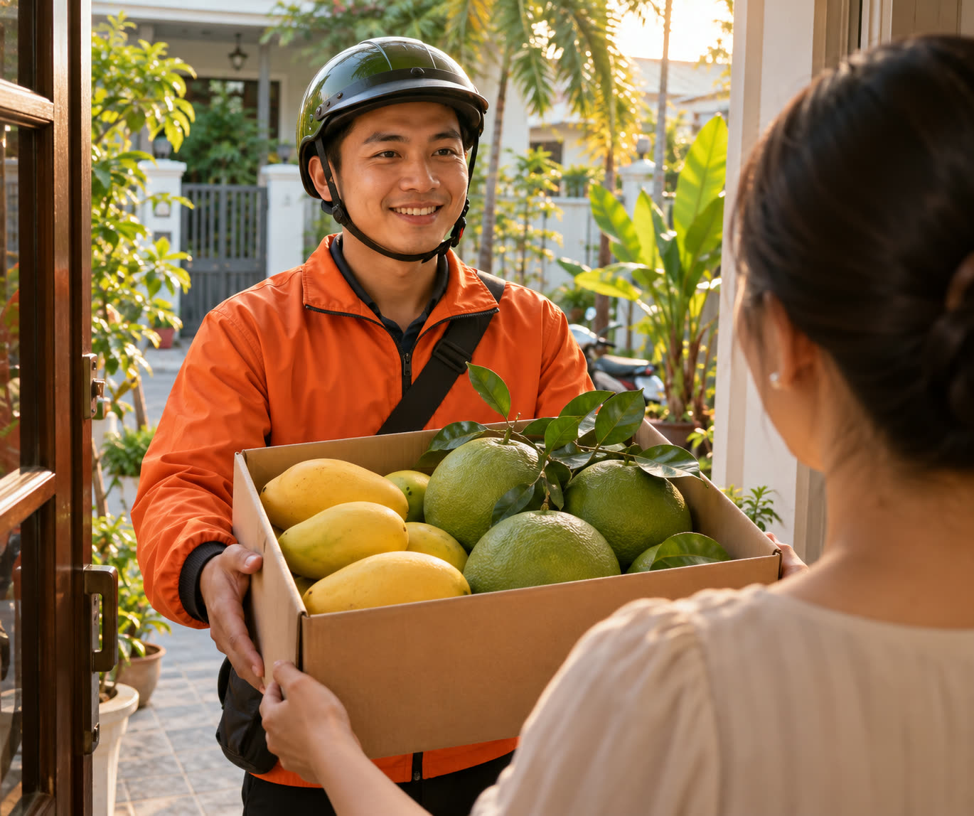 Người giao hàng mang thùng trái cây đến cửa nhà