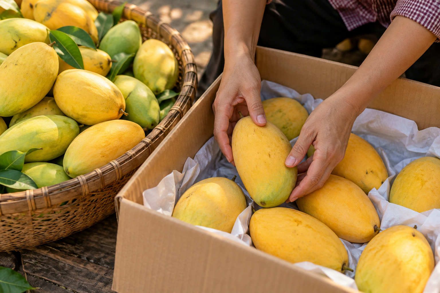 Đôi tay đang lựa xoài cho vào thùng
