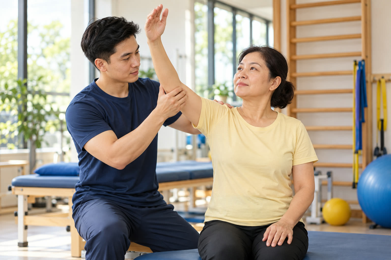 Kỹ thuật viên hướng dẫn một phụ nữ tập vận động vai