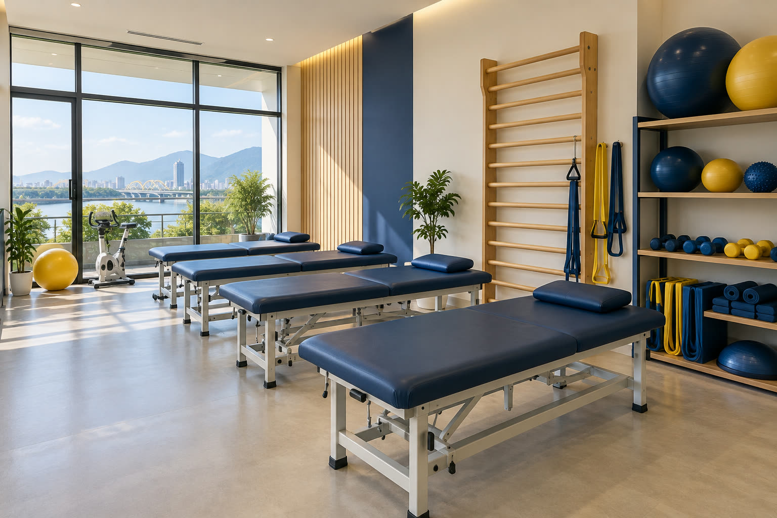 Phòng tập rộng với giường tập và dụng cụ xếp gọn