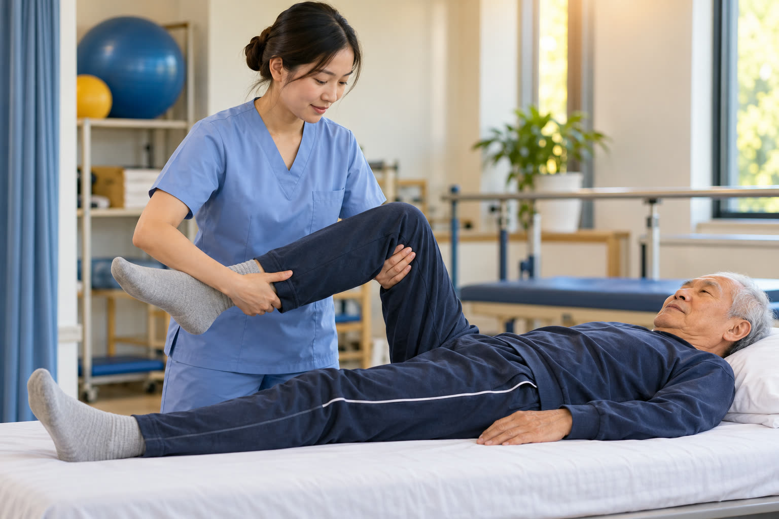 Kỹ thuật viên giúp người lớn tuổi tập co duỗi gối trên giường